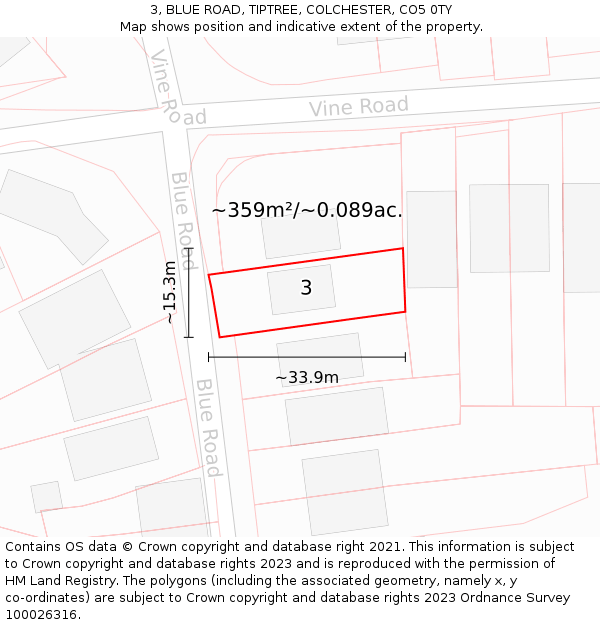 3, BLUE ROAD, TIPTREE, COLCHESTER, CO5 0TY: Plot and title map