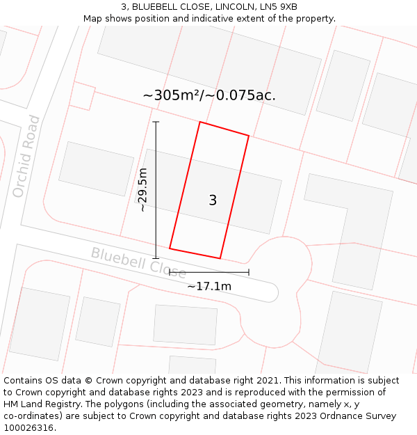 3, BLUEBELL CLOSE, LINCOLN, LN5 9XB: Plot and title map