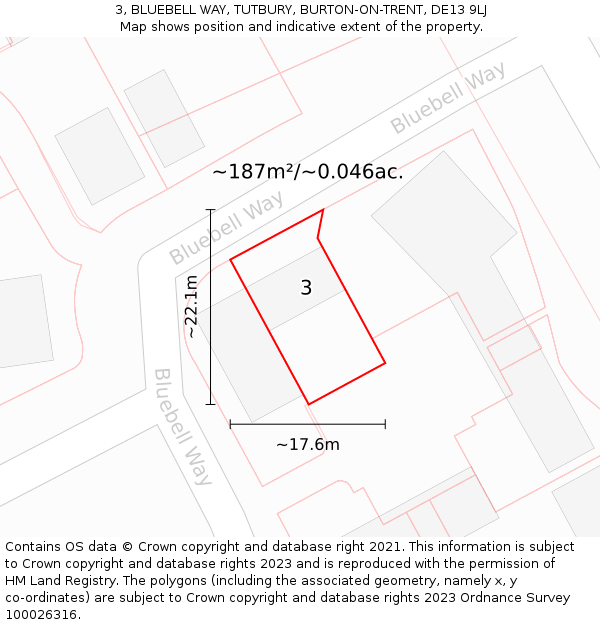 3, BLUEBELL WAY, TUTBURY, BURTON-ON-TRENT, DE13 9LJ: Plot and title map