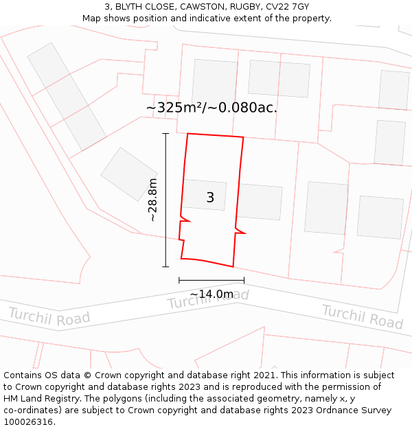 3, BLYTH CLOSE, CAWSTON, RUGBY, CV22 7GY: Plot and title map