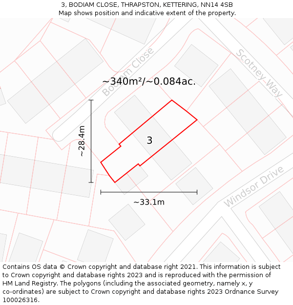 3, BODIAM CLOSE, THRAPSTON, KETTERING, NN14 4SB: Plot and title map