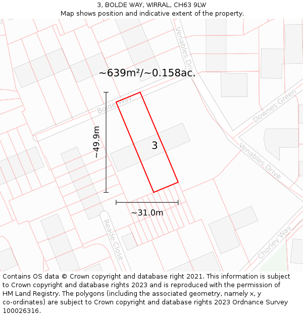 3, BOLDE WAY, WIRRAL, CH63 9LW: Plot and title map