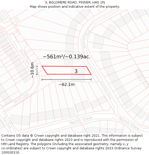 3, BOLDMERE ROAD, PINNER, HA5 1PJ: Plot and title map