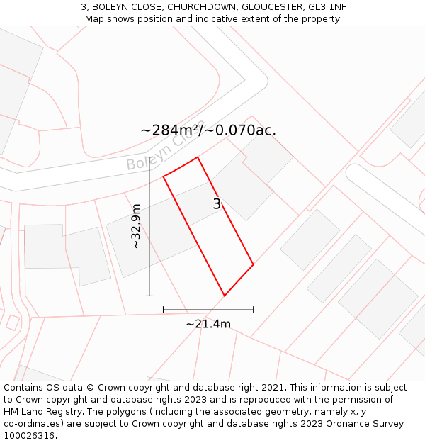 3, BOLEYN CLOSE, CHURCHDOWN, GLOUCESTER, GL3 1NF: Plot and title map