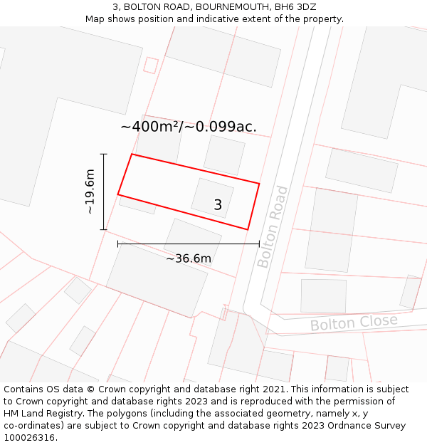 3, BOLTON ROAD, BOURNEMOUTH, BH6 3DZ: Plot and title map