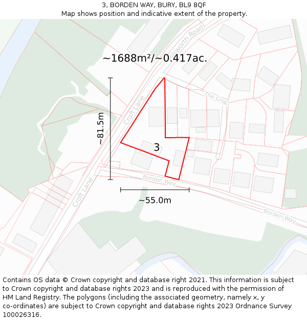 3, BORDEN WAY, BURY, BL9 8QF: Plot and title map