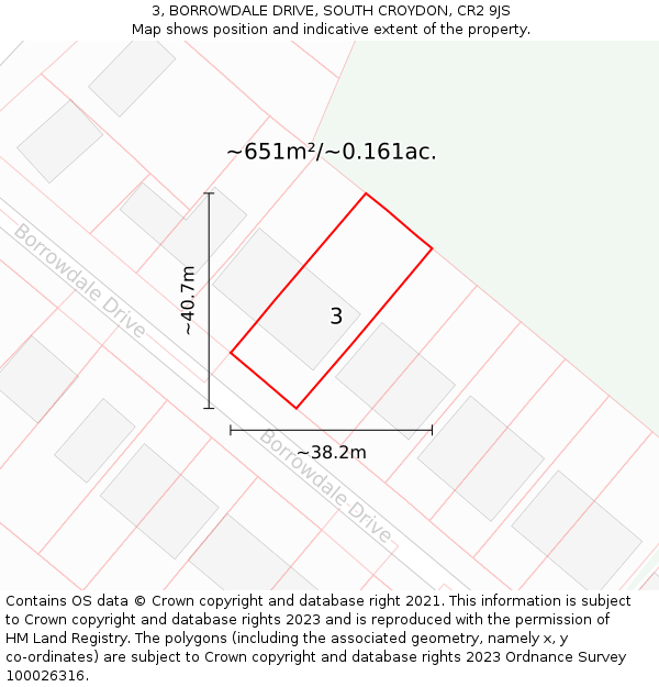 3, BORROWDALE DRIVE, SOUTH CROYDON, CR2 9JS: Plot and title map