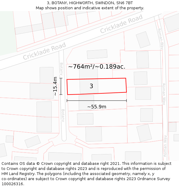 3, BOTANY, HIGHWORTH, SWINDON, SN6 7BT: Plot and title map