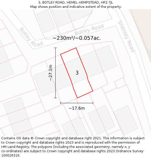 3, BOTLEY ROAD, HEMEL HEMPSTEAD, HP2 7JL: Plot and title map