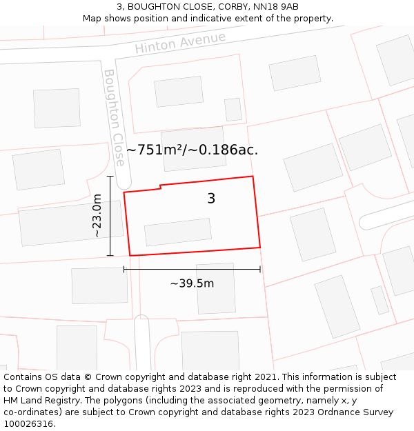 3, BOUGHTON CLOSE, CORBY, NN18 9AB: Plot and title map