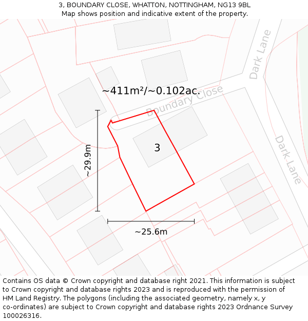 3, BOUNDARY CLOSE, WHATTON, NOTTINGHAM, NG13 9BL: Plot and title map