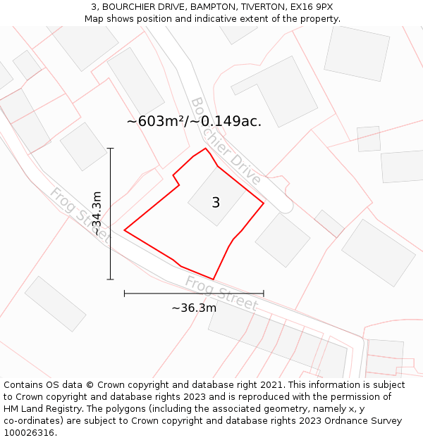 3, BOURCHIER DRIVE, BAMPTON, TIVERTON, EX16 9PX: Plot and title map