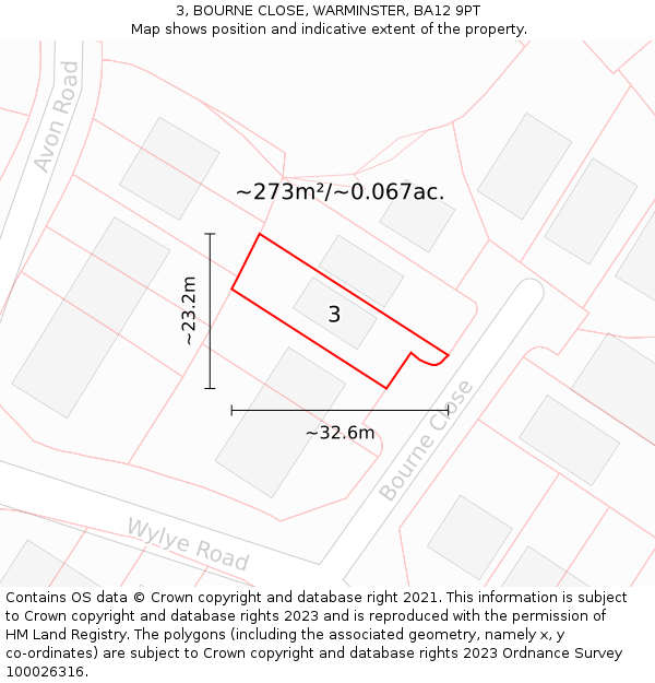3, BOURNE CLOSE, WARMINSTER, BA12 9PT: Plot and title map
