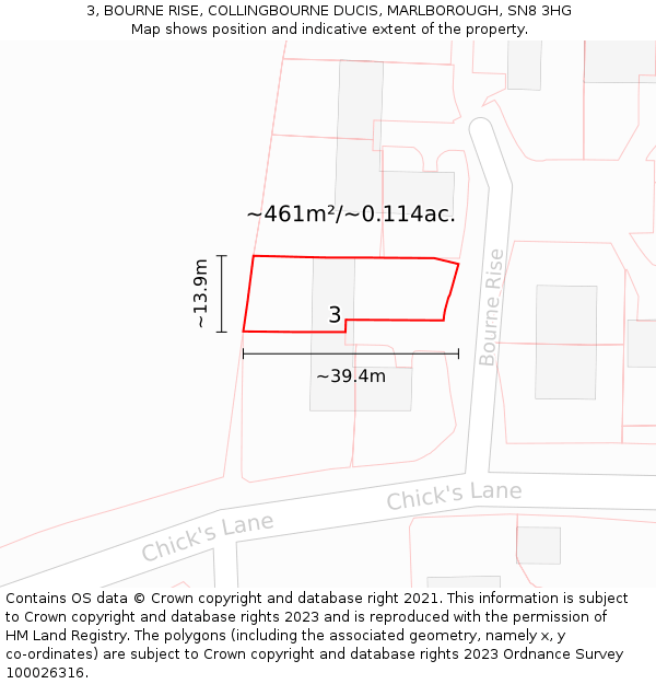 3, BOURNE RISE, COLLINGBOURNE DUCIS, MARLBOROUGH, SN8 3HG: Plot and title map