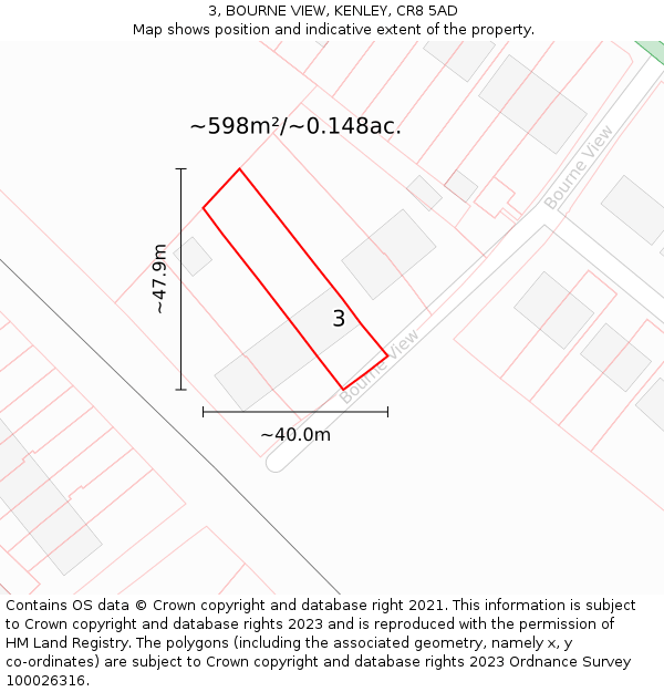 3, BOURNE VIEW, KENLEY, CR8 5AD: Plot and title map