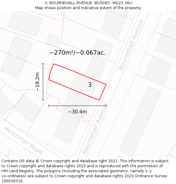3, BOURNEHALL AVENUE, BUSHEY, WD23 3AU: Plot and title map