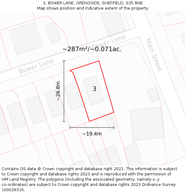 3, BOWER LANE, GRENOSIDE, SHEFFIELD, S35 8NE: Plot and title map