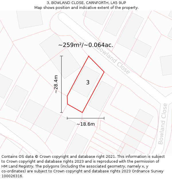 3, BOWLAND CLOSE, CARNFORTH, LA5 9UP: Plot and title map