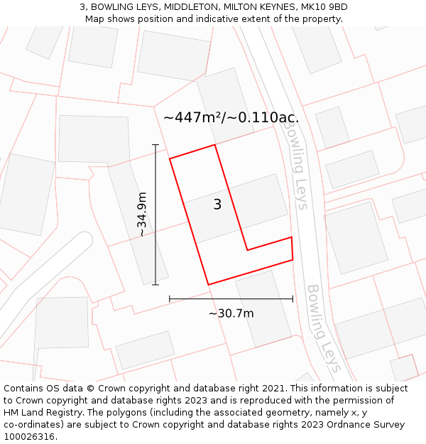 3, BOWLING LEYS, MIDDLETON, MILTON KEYNES, MK10 9BD: Plot and title map