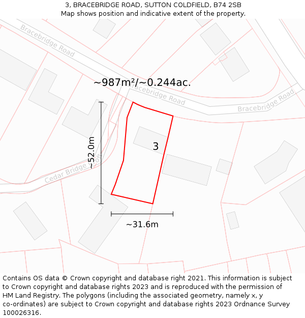 3, BRACEBRIDGE ROAD, SUTTON COLDFIELD, B74 2SB: Plot and title map