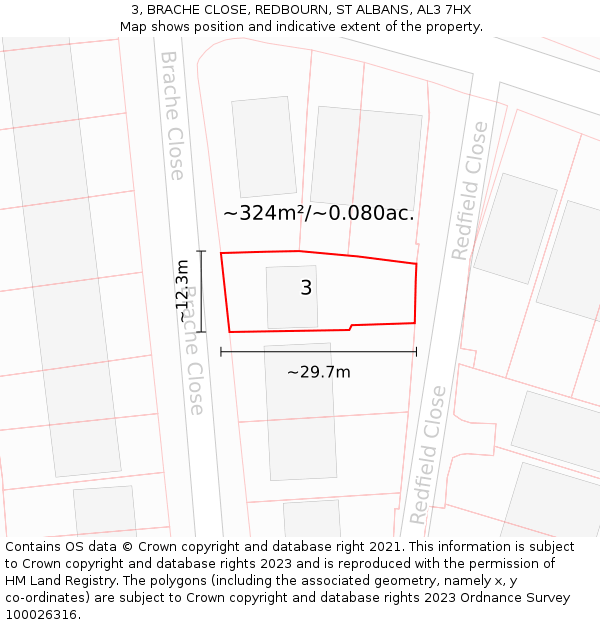 3, BRACHE CLOSE, REDBOURN, ST ALBANS, AL3 7HX: Plot and title map