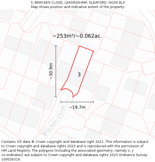3, BRACKEN CLOSE, LEASINGHAM, SLEAFORD, NG34 8LX: Plot and title map