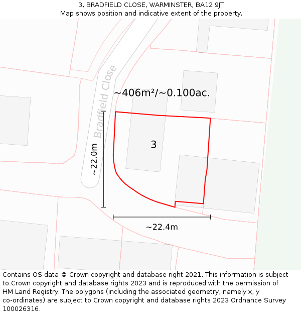 3, BRADFIELD CLOSE, WARMINSTER, BA12 9JT: Plot and title map