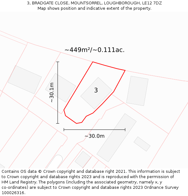 3, BRADGATE CLOSE, MOUNTSORREL, LOUGHBOROUGH, LE12 7DZ: Plot and title map