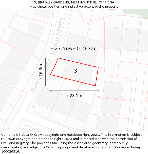 3, BRADLEY GARDENS, MERTHYR TYDFIL, CF47 0GA: Plot and title map