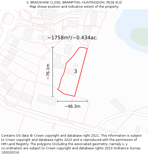 3, BRADSHAW CLOSE, BRAMPTON, HUNTINGDON, PE28 4UZ: Plot and title map