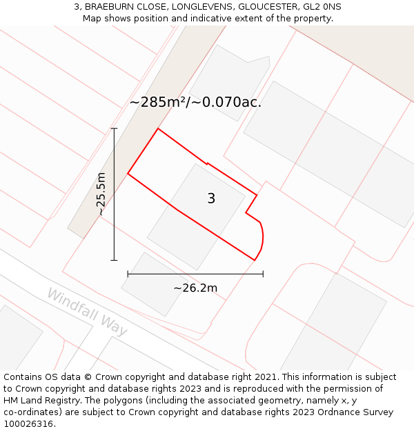 3, BRAEBURN CLOSE, LONGLEVENS, GLOUCESTER, GL2 0NS: Plot and title map