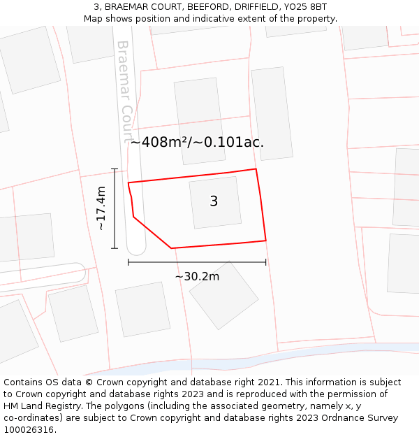 3, BRAEMAR COURT, BEEFORD, DRIFFIELD, YO25 8BT: Plot and title map