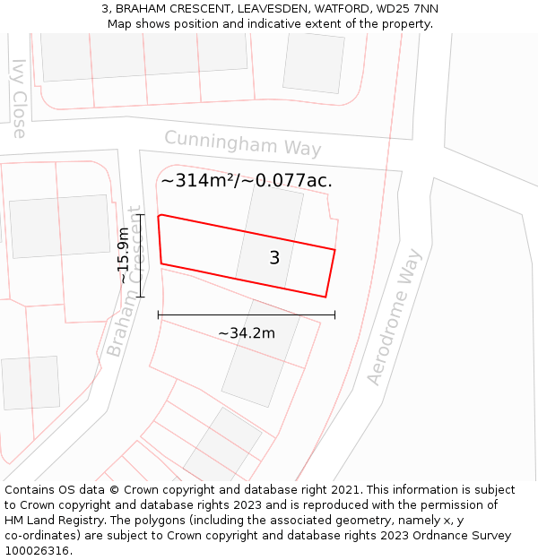 3, BRAHAM CRESCENT, LEAVESDEN, WATFORD, WD25 7NN: Plot and title map