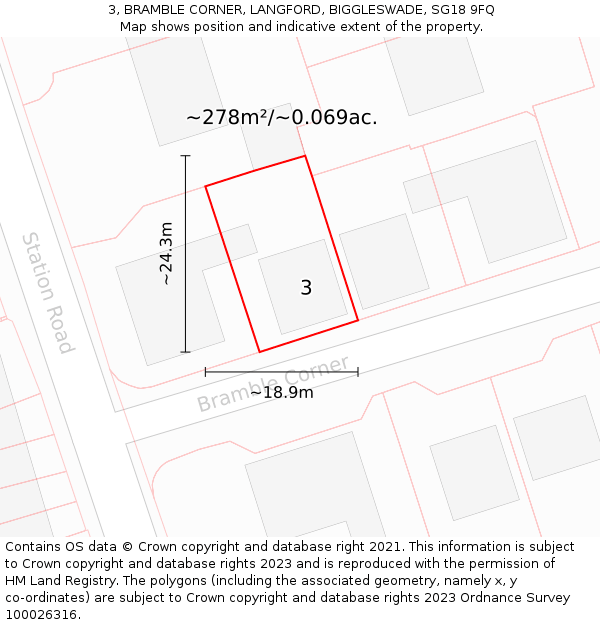 3, BRAMBLE CORNER, LANGFORD, BIGGLESWADE, SG18 9FQ: Plot and title map