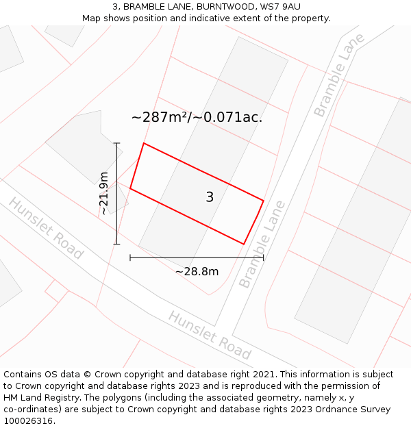 3, BRAMBLE LANE, BURNTWOOD, WS7 9AU: Plot and title map