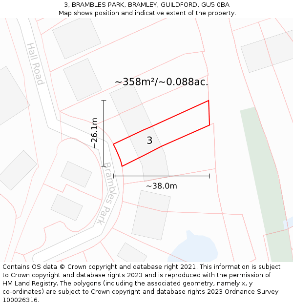 3, BRAMBLES PARK, BRAMLEY, GUILDFORD, GU5 0BA: Plot and title map