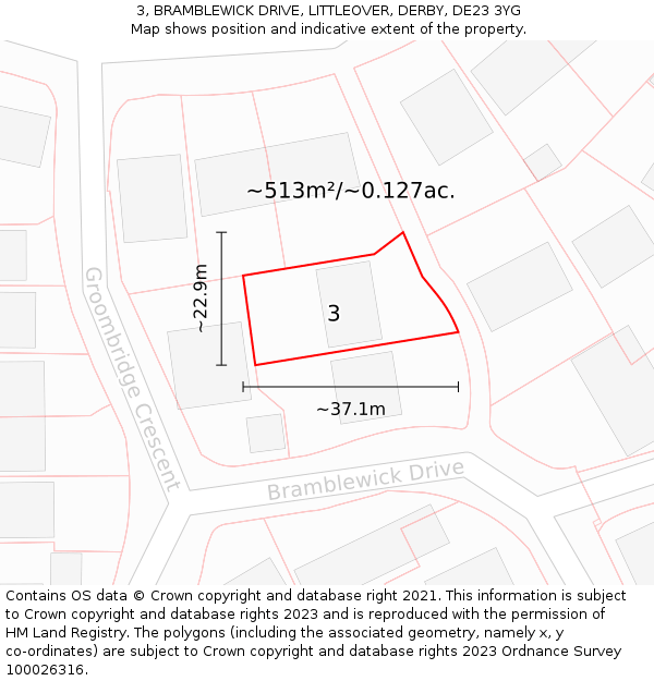 3, BRAMBLEWICK DRIVE, LITTLEOVER, DERBY, DE23 3YG: Plot and title map