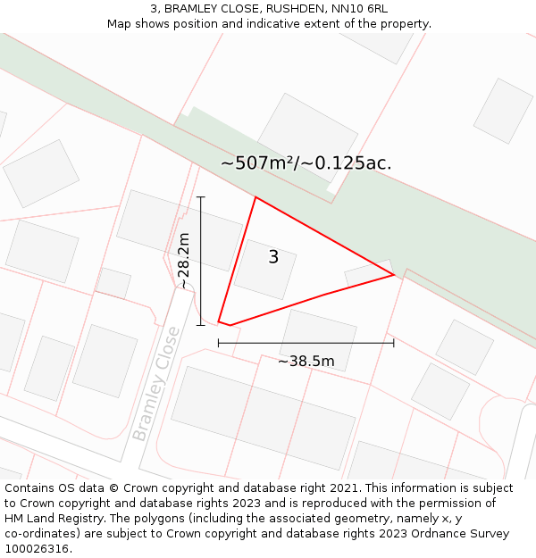 3, BRAMLEY CLOSE, RUSHDEN, NN10 6RL: Plot and title map