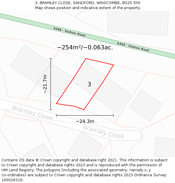 3, BRAMLEY CLOSE, SANDFORD, WINSCOMBE, BS25 5NY: Plot and title map