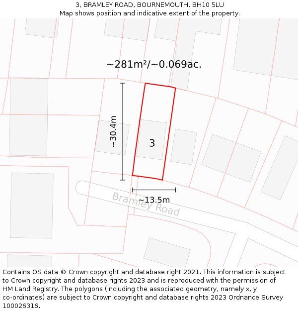 3, BRAMLEY ROAD, BOURNEMOUTH, BH10 5LU: Plot and title map