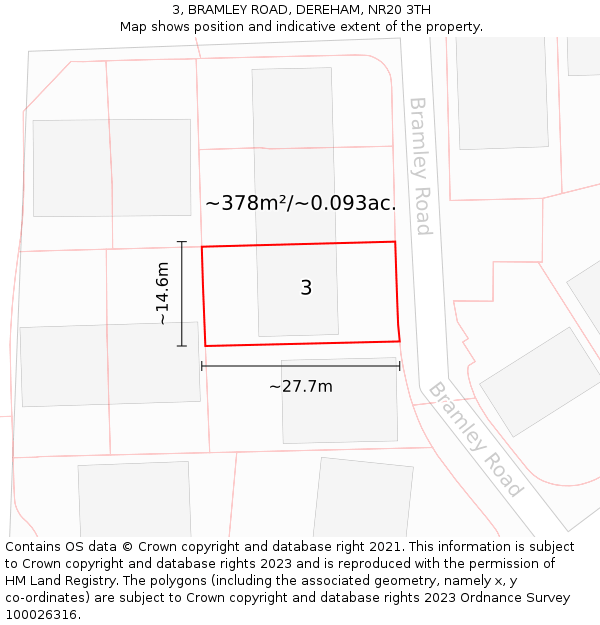 3, BRAMLEY ROAD, DEREHAM, NR20 3TH: Plot and title map