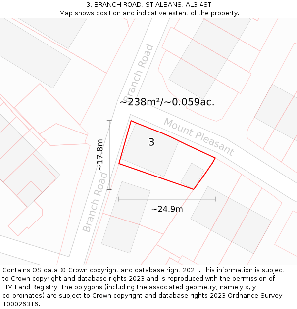 3, BRANCH ROAD, ST ALBANS, AL3 4ST: Plot and title map