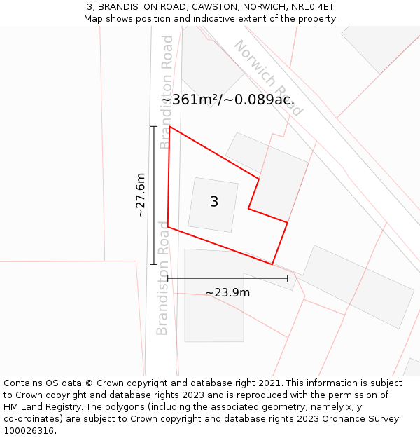 3, BRANDISTON ROAD, CAWSTON, NORWICH, NR10 4ET: Plot and title map