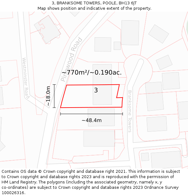 3, BRANKSOME TOWERS, POOLE, BH13 6JT: Plot and title map