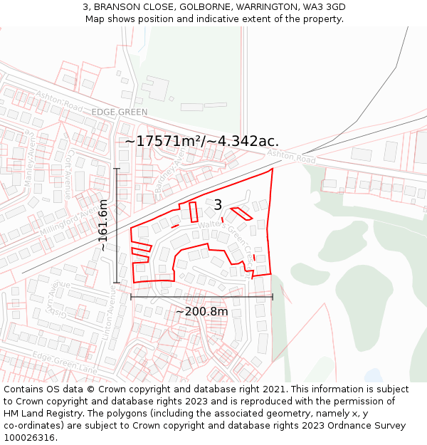 3, BRANSON CLOSE, GOLBORNE, WARRINGTON, WA3 3GD: Plot and title map