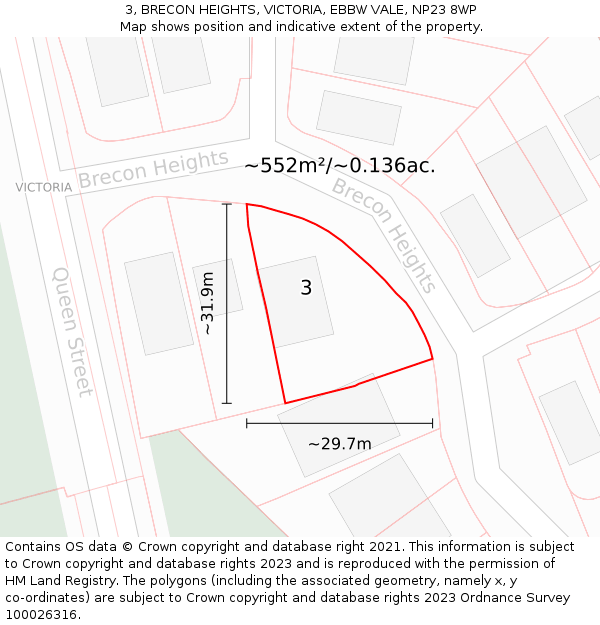 3, BRECON HEIGHTS, VICTORIA, EBBW VALE, NP23 8WP: Plot and title map
