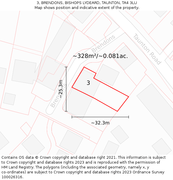 3, BRENDONS, BISHOPS LYDEARD, TAUNTON, TA4 3LU: Plot and title map