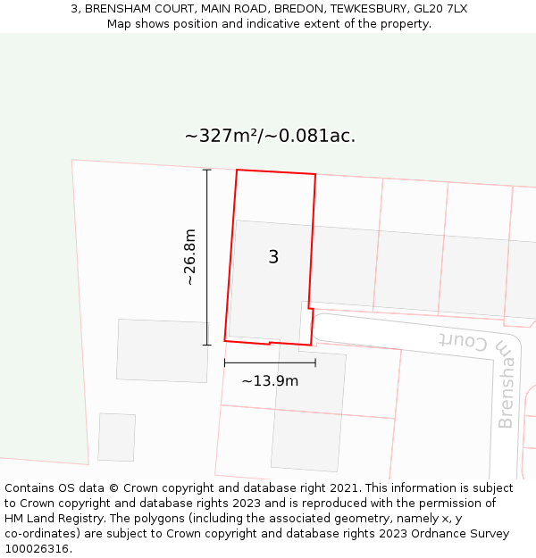 3, BRENSHAM COURT, MAIN ROAD, BREDON, TEWKESBURY, GL20 7LX: Plot and title map