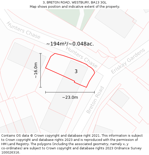 3, BRETON ROAD, WESTBURY, BA13 3GL: Plot and title map