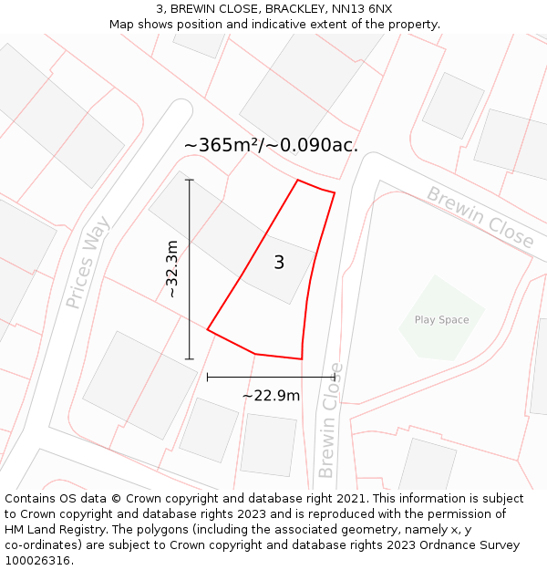 3, BREWIN CLOSE, BRACKLEY, NN13 6NX: Plot and title map